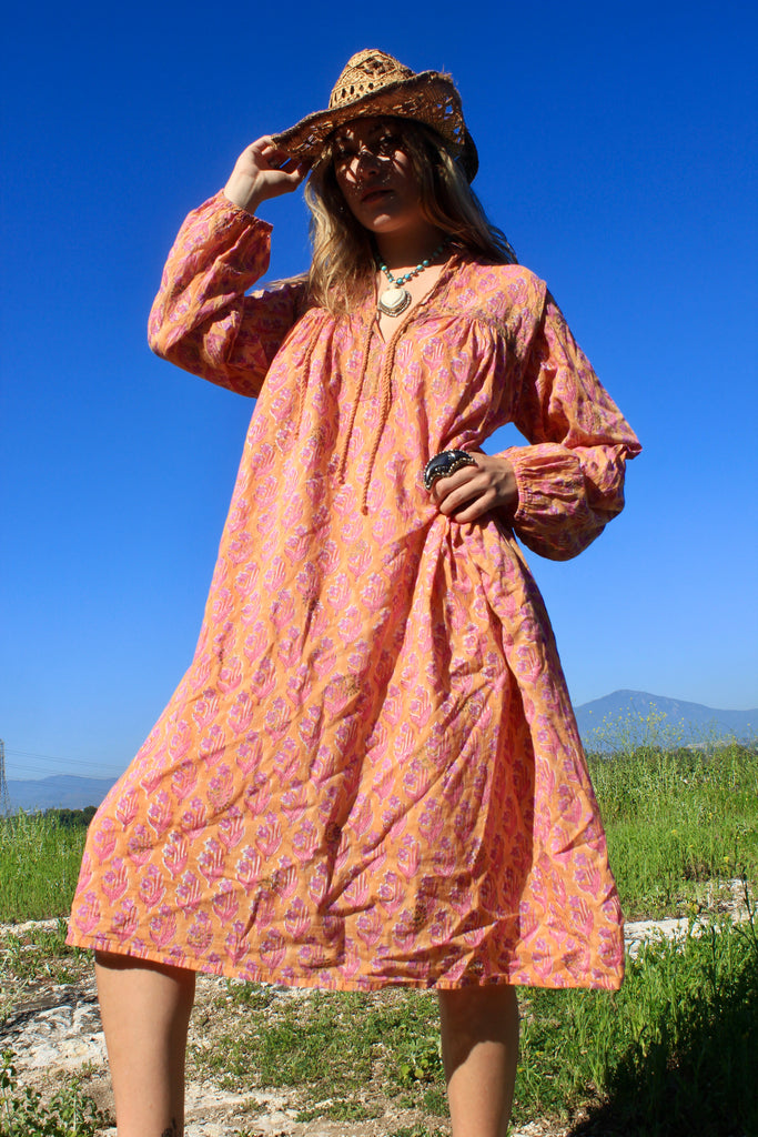 SALE Gauzy Peach Indian Block Print Dress Love My Sunshine Honeywood SALE Gauzy Peach Indian Block Print Dress Love My Sunshine Honeywood
