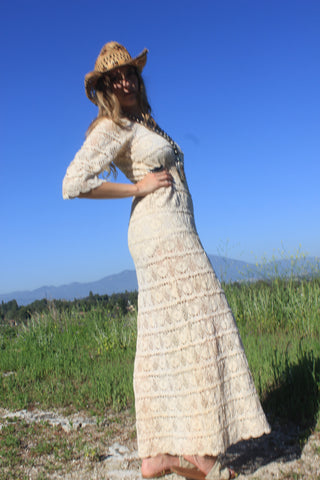 1970s Bohemian Hand Crochet Cotton Maxi Dress