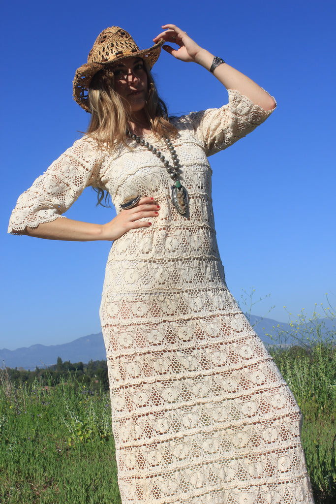 1970s Bohemian Hand Crochet Cotton Maxi Dress Honeywood 1970s Bohemian Hand Crochet Cotton Maxi Dress Honeywood