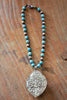 Hand Carved Sacred Heart Turquoise and Tibetan Silver Necklace