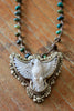 Tibetan Silver and Carved Bone Eagle Necklace on Hand Knotted Turquoise