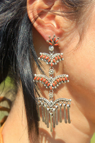 Extraordinary LONG Signed Zuni Needlepoint Coral Chandelier Earrings
