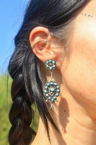 Navajo L James Signed Turquoise and Sterling Squash Blossom Earrings