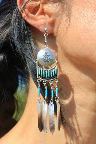 Vintage Zuni Sterling and Turquoise Long Feather Dangle Earrings