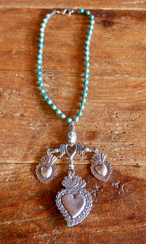Turquoise and Silver Plated "Tres Sacred Hearts" Necklace
