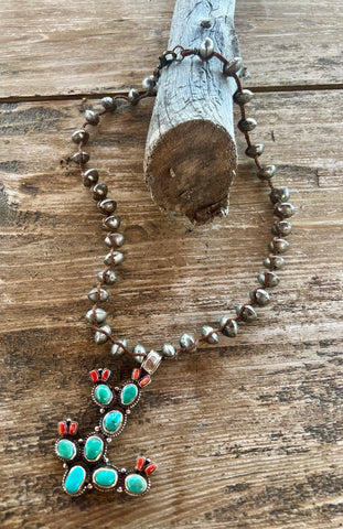 Turquoise and Tibetan Silver Cactus Necklace