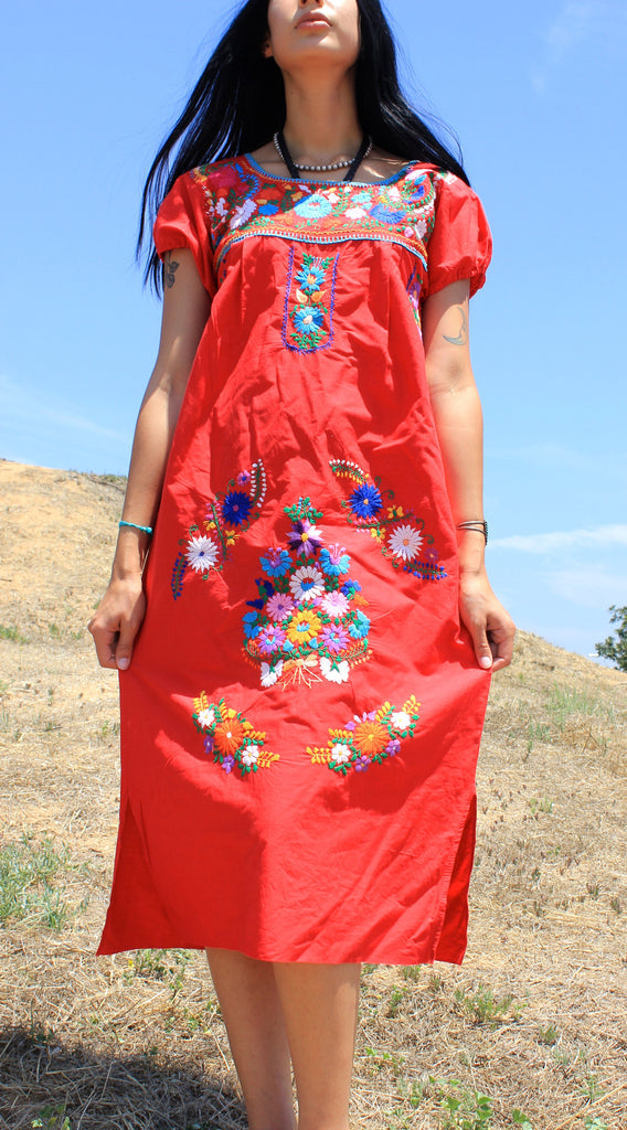 Scarlet Senorita" Vintage Hand Embroidered Mexican Dress Honeywood Scarlet Senorita" Vintage Hand Embroidered Mexican Dress Honeywood