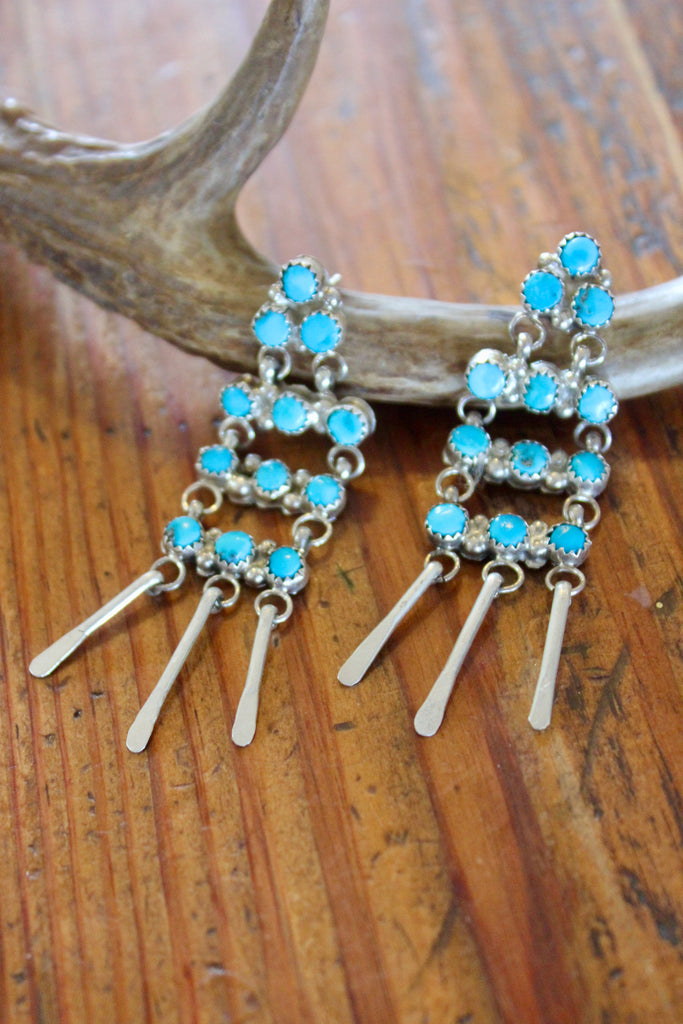 Signed Zuni Snake Eye Sterling and Turquoise Chandelier Earrings