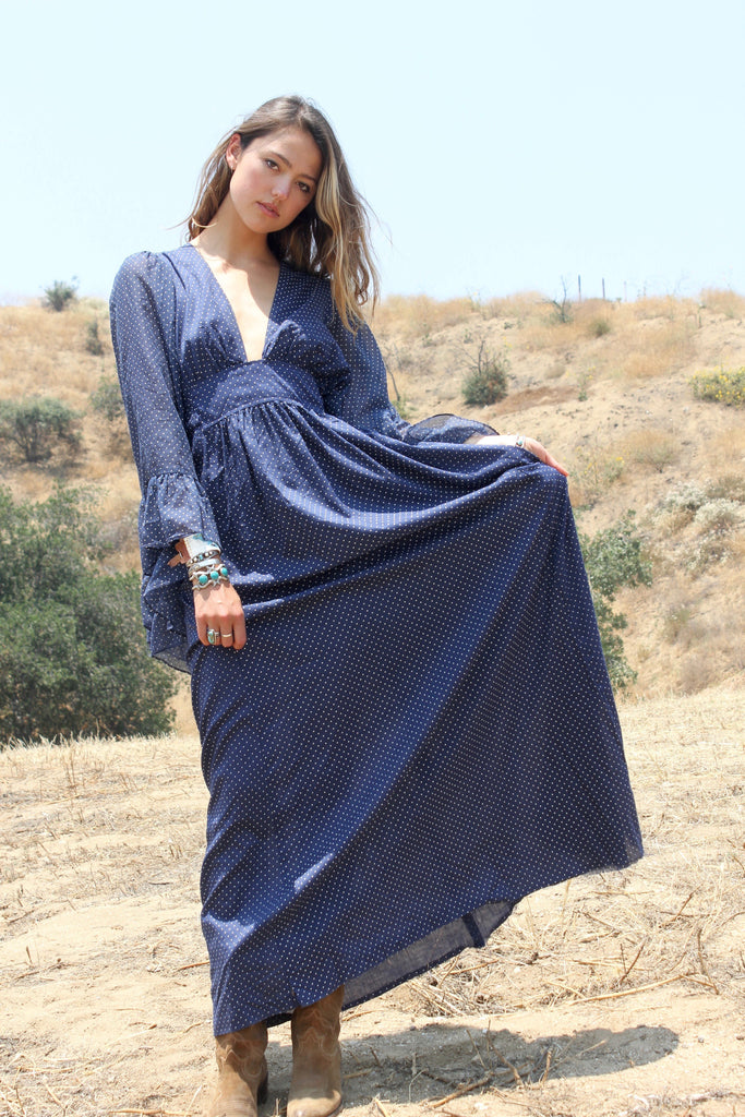 Swiss Dot" 1970s Angel Sleeve Maxi Dress Honeywood Swiss Dot" 1970s Angel Sleeve Maxi Dress Honeywood