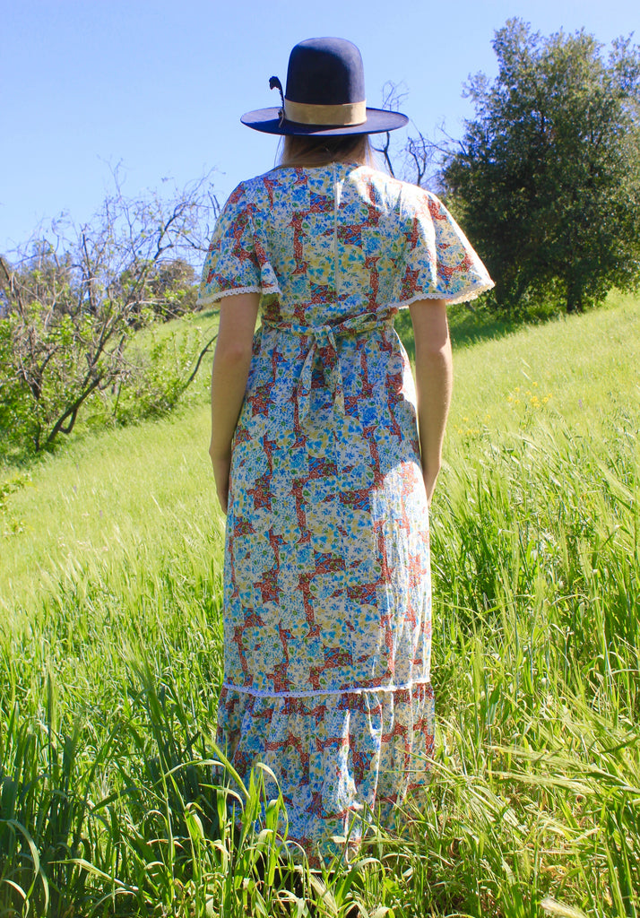corset prairie dress 70's Blue Butterfly Print Gunne Sax Jessica McClintock Lace Up Corset Maxi Prairie Dress Lace Poet Sleeve