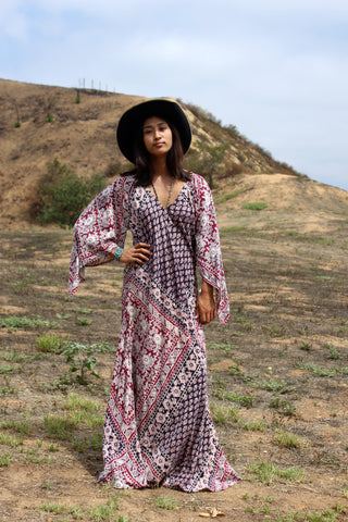 1970s Extra Long Earthy Goddess Block Print Maxi Dress