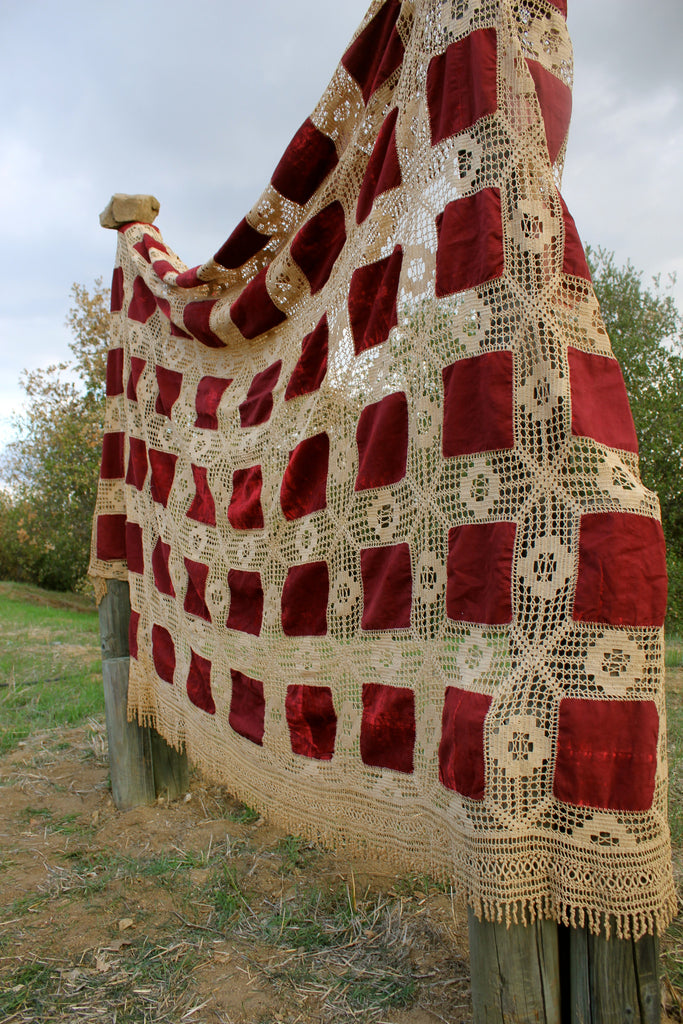 Victorian Velvet and Crochet Bedspread – Honeywood