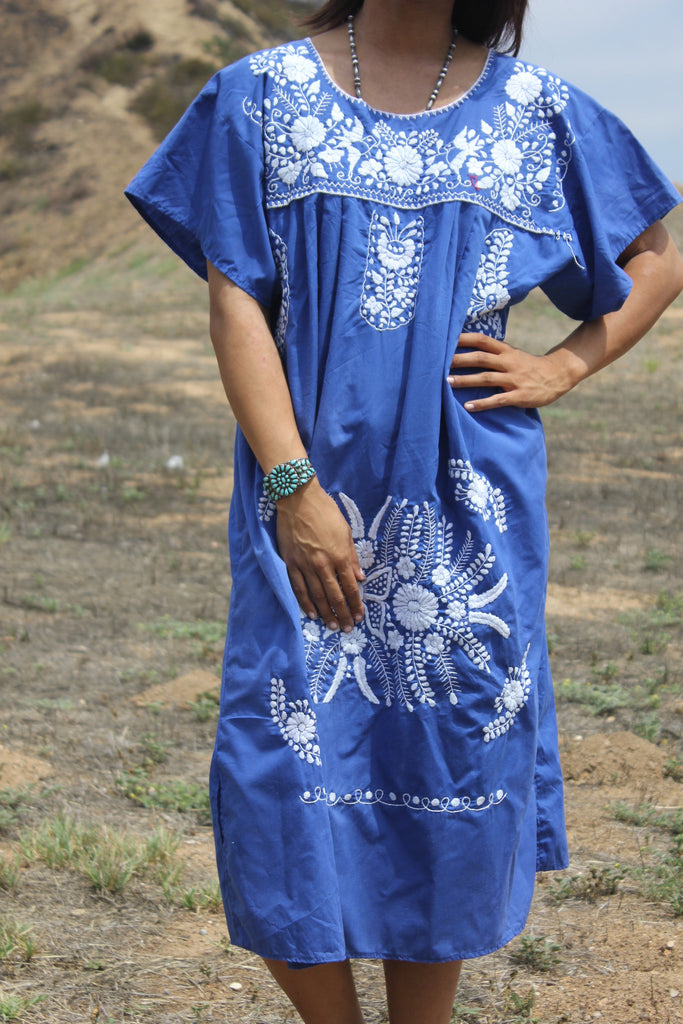 Denim Blue and white Mexican Hand Embroidered Dress