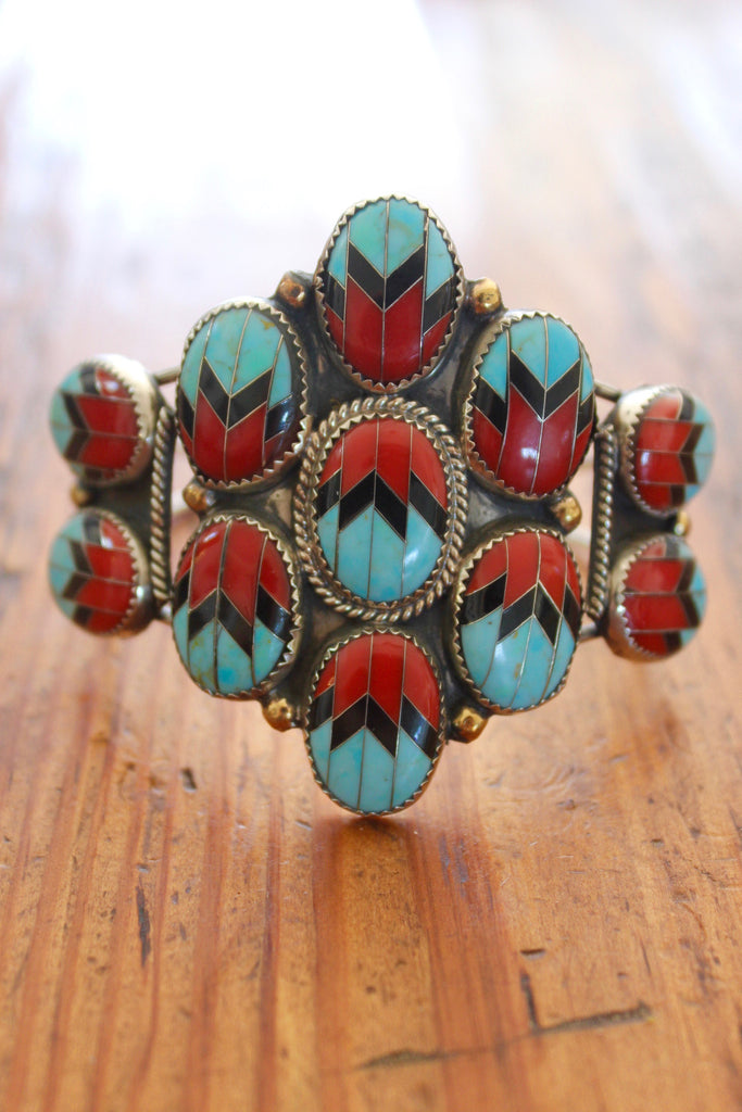 Navajo Inlay RARE and One of a Kind Coral and Turquoise Cuff from The Calamity Pass Collection