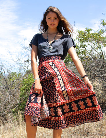 1970s Indian Block Print Wrap Maxi Skirt