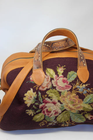"Whiskey and Roses" Antique Needlepoint Handmade One of A Kind Honeywood Overnighter Bag