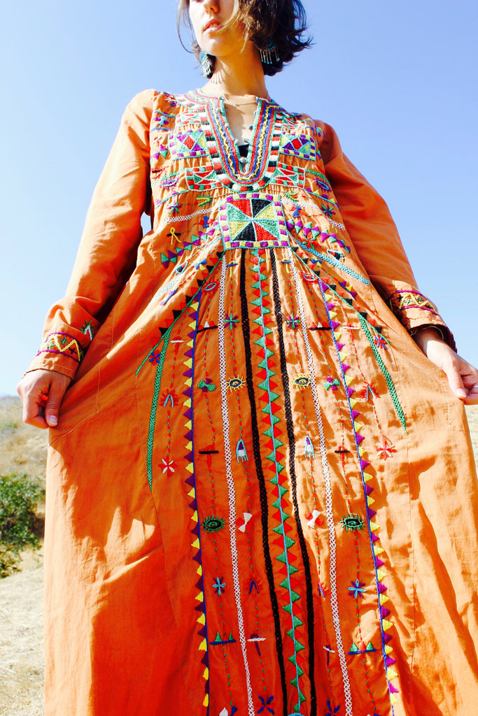 RARE "cosmic folk" 1970s hand embroidered egyptian maxi dress
