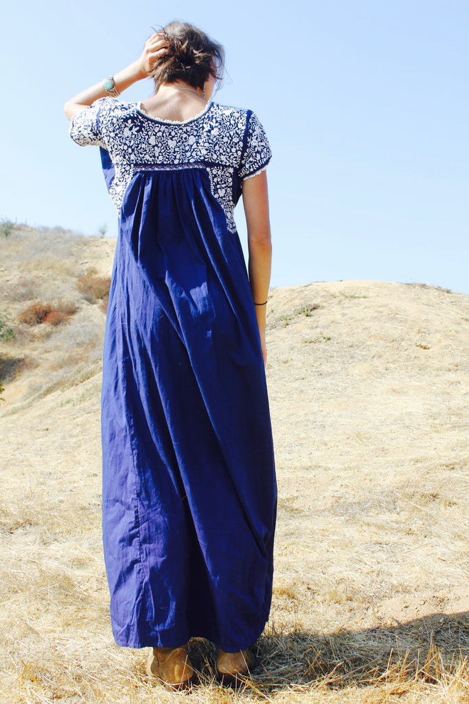 1970s Classic Navy and White Hand Embroidered Oaxacan Maxi Dress ...