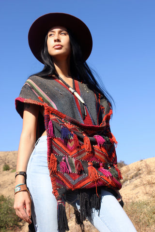 Vintage Handwoven Folk Art Pocket Poncho