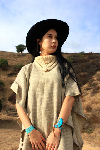 Vintage Cowl Neck Woven Wool Poncho