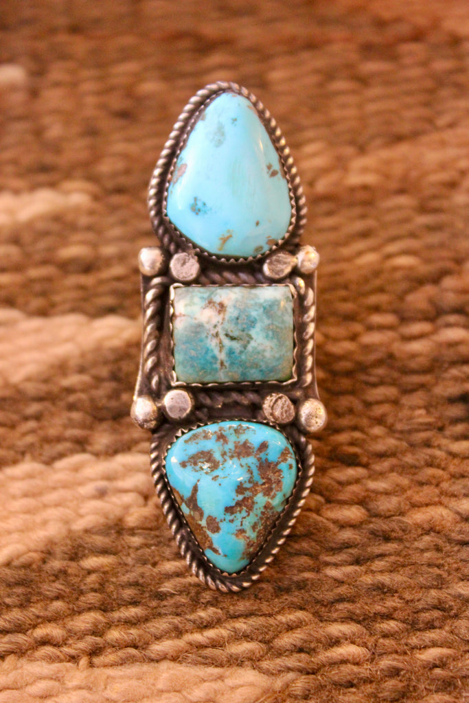 Very Large Navajo Three Stone Turquoise Statement Ring Signed