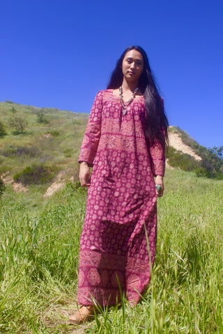 1970s Puffy Sleeves Original Indian Block Print Maxi Dress