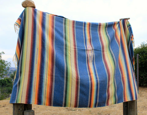 Southwestern Blues Mid Century Huge Mexican Blanket