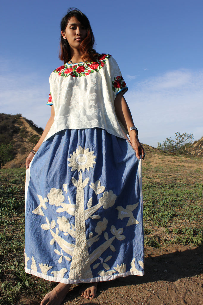 1970s Folk Art Vintage Hand Embroidered "Tree of Life" Mexican Maxi Skirt