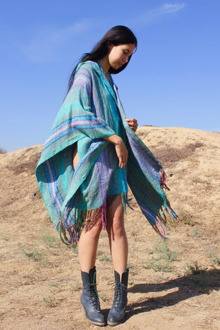 "Running Waters" Hooded Vintage Handwoven Poncho Wrap