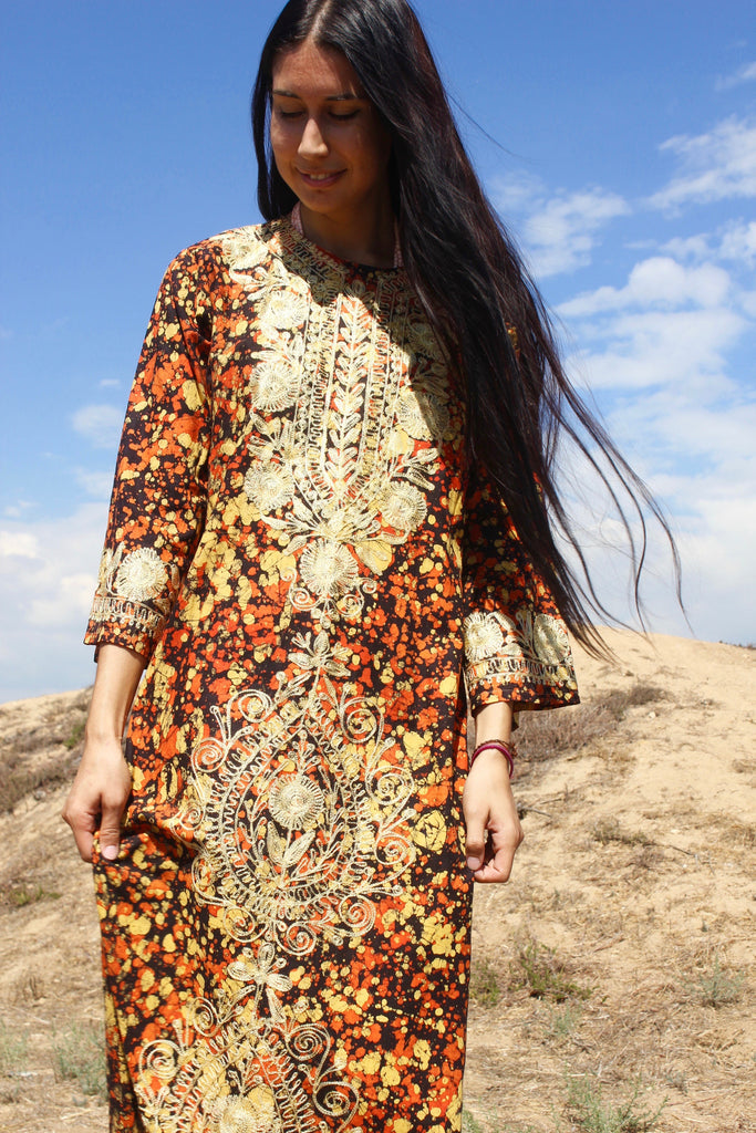 Golden Hour" Vintage Pakistan Chain Stitched Maxi Dress Honeywood Golden Hour" Vintage Pakistan Chain Stitched Maxi Dress Honeywood