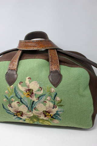 Antique Hand Embroidered Lillies Honeywood Vintage Original Overnighter Deerskin Bag