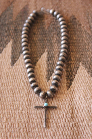 Native American Sterling Cross Choker Bench Stamped Beads