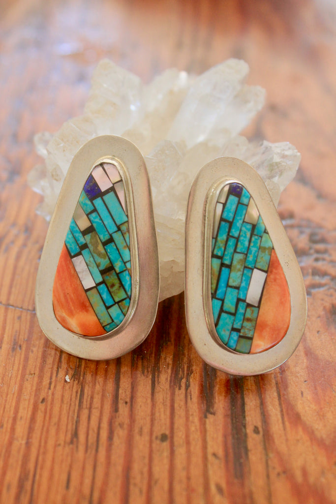 RARE Stunning Stone Cut Zuni Inlay Earrings