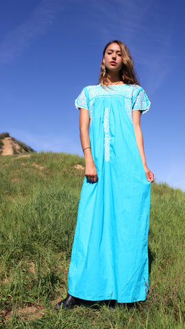 Gorgeous Turquoise Vintage Oaxacan Maxi Dress Amazing Detail 1960s 1970s