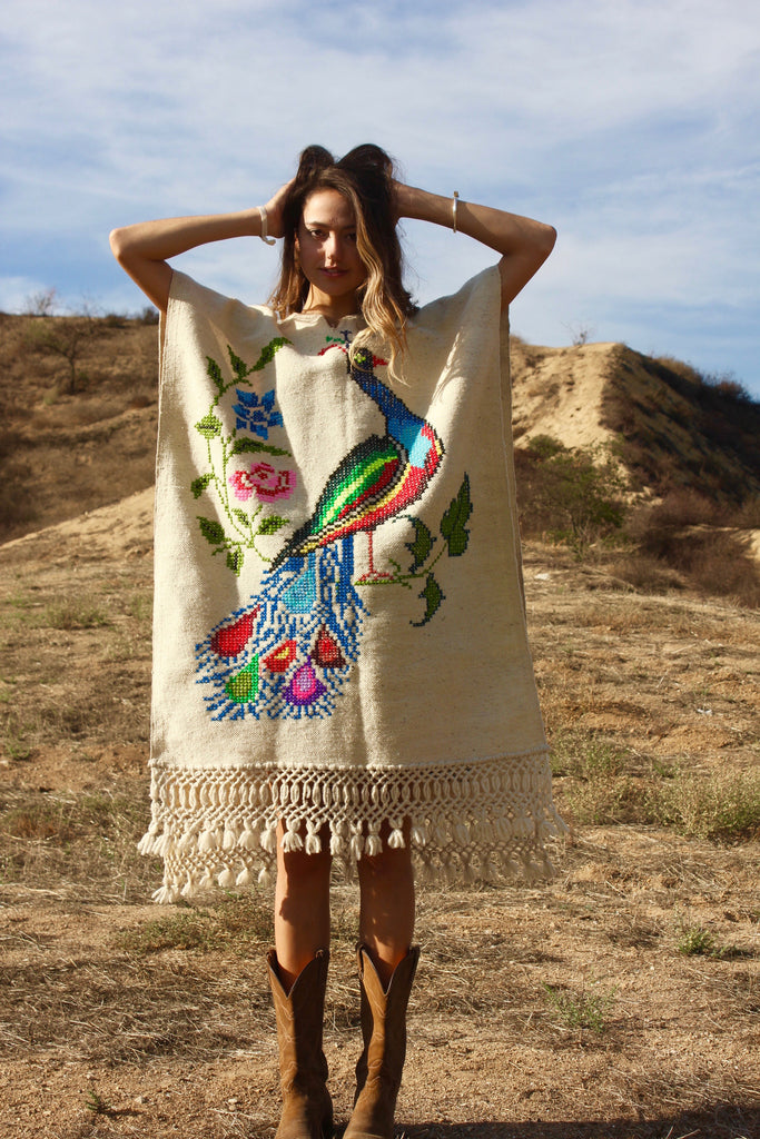"Technicolor Peacock" Vintage Hand Embroidered Mexican Poncho