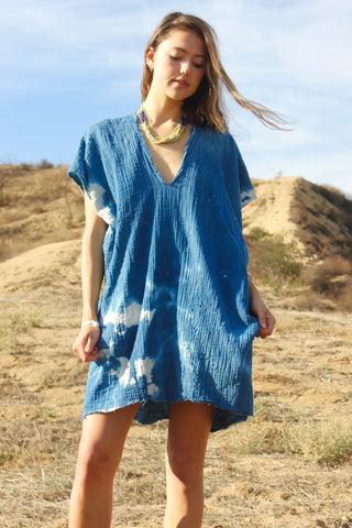 "Indigo Short" Totally Blown Cotton Gauze Mini Dress