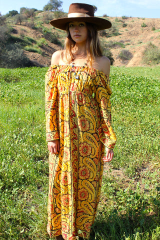 Bohemian Beauty 1970s Indian Block Print Maxi Dress