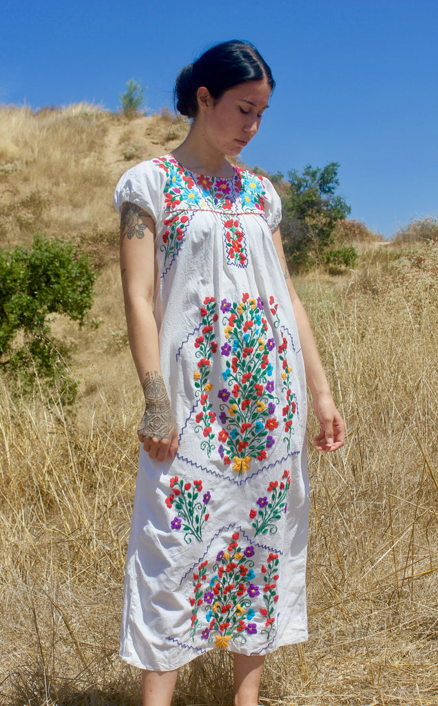 Vintage Natural Cotton Hand Embroidered Mexican Maxi Dress Honeywood
