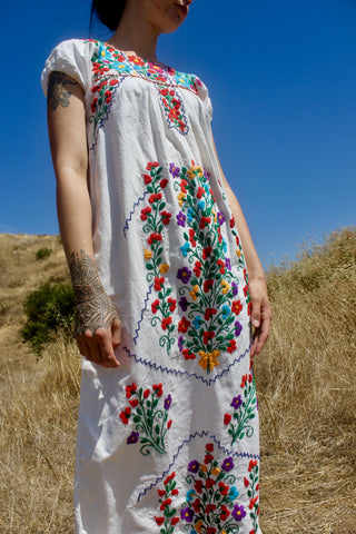 Vintage Natural Cotton Hand Embroidered Mexican Maxi Dress