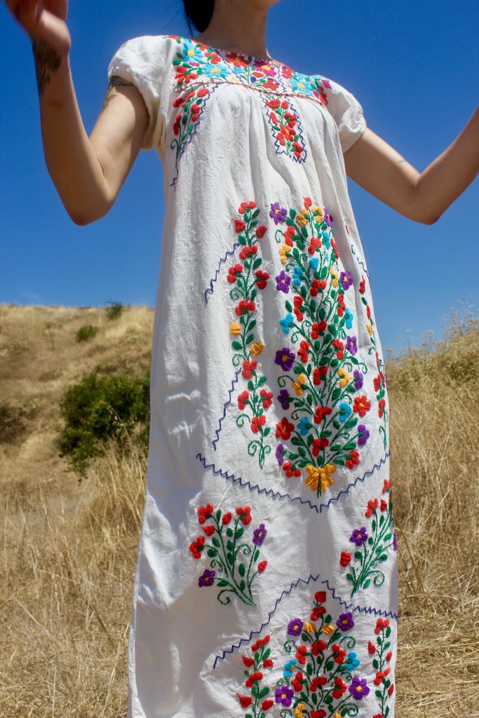 Vintage Natural Cotton Hand Embroidered Mexican Maxi Dress Honeywood Vintage Natural Cotton Hand Embroidered Mexican Maxi Dress Honeywood
