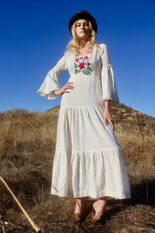 "The Rhiannon" 1970s Hand Embrodiered Cheese Cloth Goddess Maxi Dress