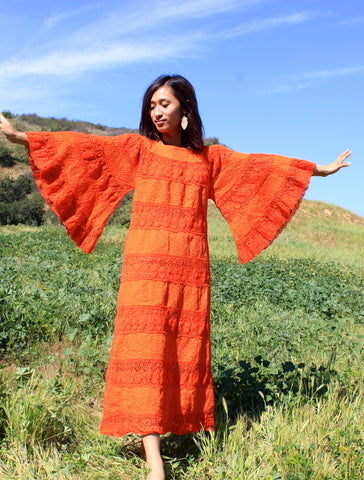 "Tangerine Dream" Mega Angel Sleeves Crochet and Pintucked Cotton Maxi Dress