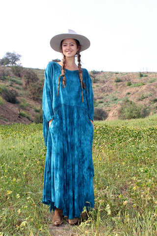 Moroccan Vintage Teal Green Fringed Maxi Dress