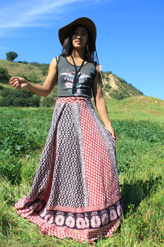 1970s Indian Maxi Block Print Wrap Skirt