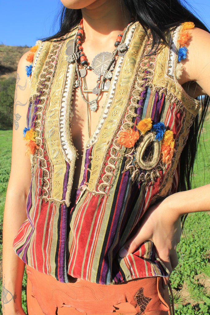 "Folk Rainbow" Silk Velvet Antique Romanian Hand Embroidered Folk Vest