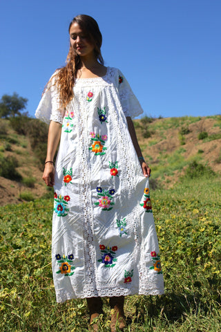 Hand Embroidered Mexican Maxi Dress Circa ~ 1970s