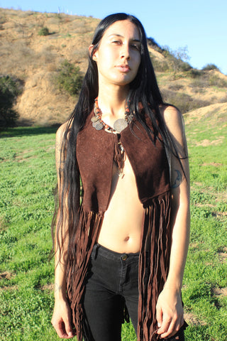 "Spanish Fringe" 1970s Chocolate Suede Long Fringe Vest