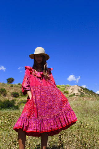 Vintage Fuchsia Ruffle Block Print David Brown Dress