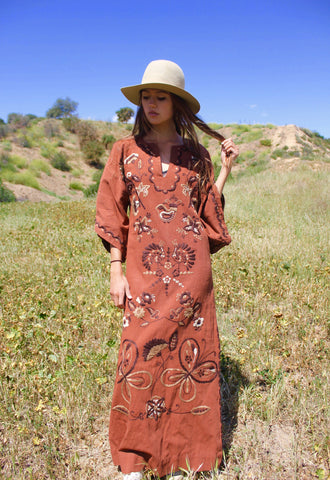 "Mexican Butterflies" Vintage Hand Embroidered Cotton Maxi Dress