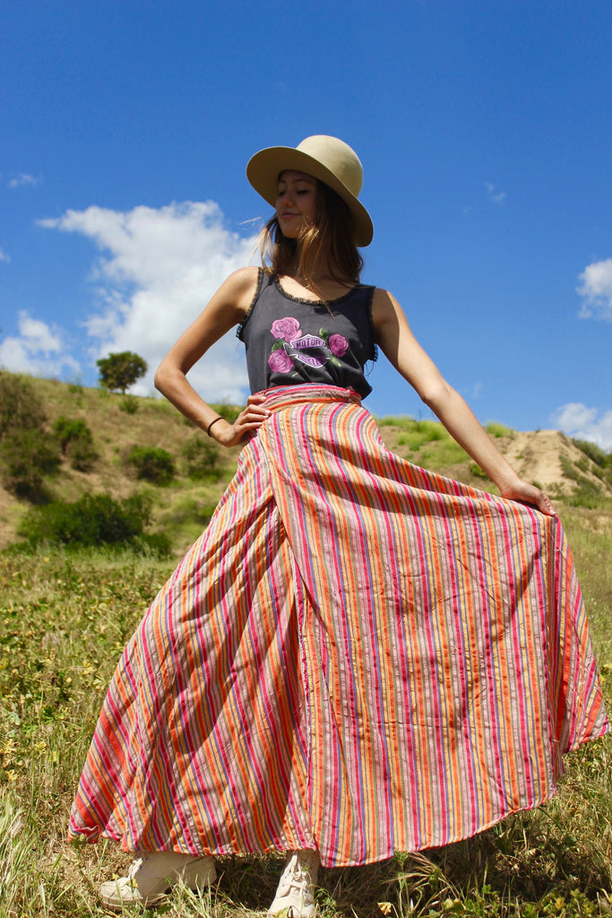 "Stripes of Spring" Dead Stock 1970s Pakistani Cotton Maxi Wrap Skirt